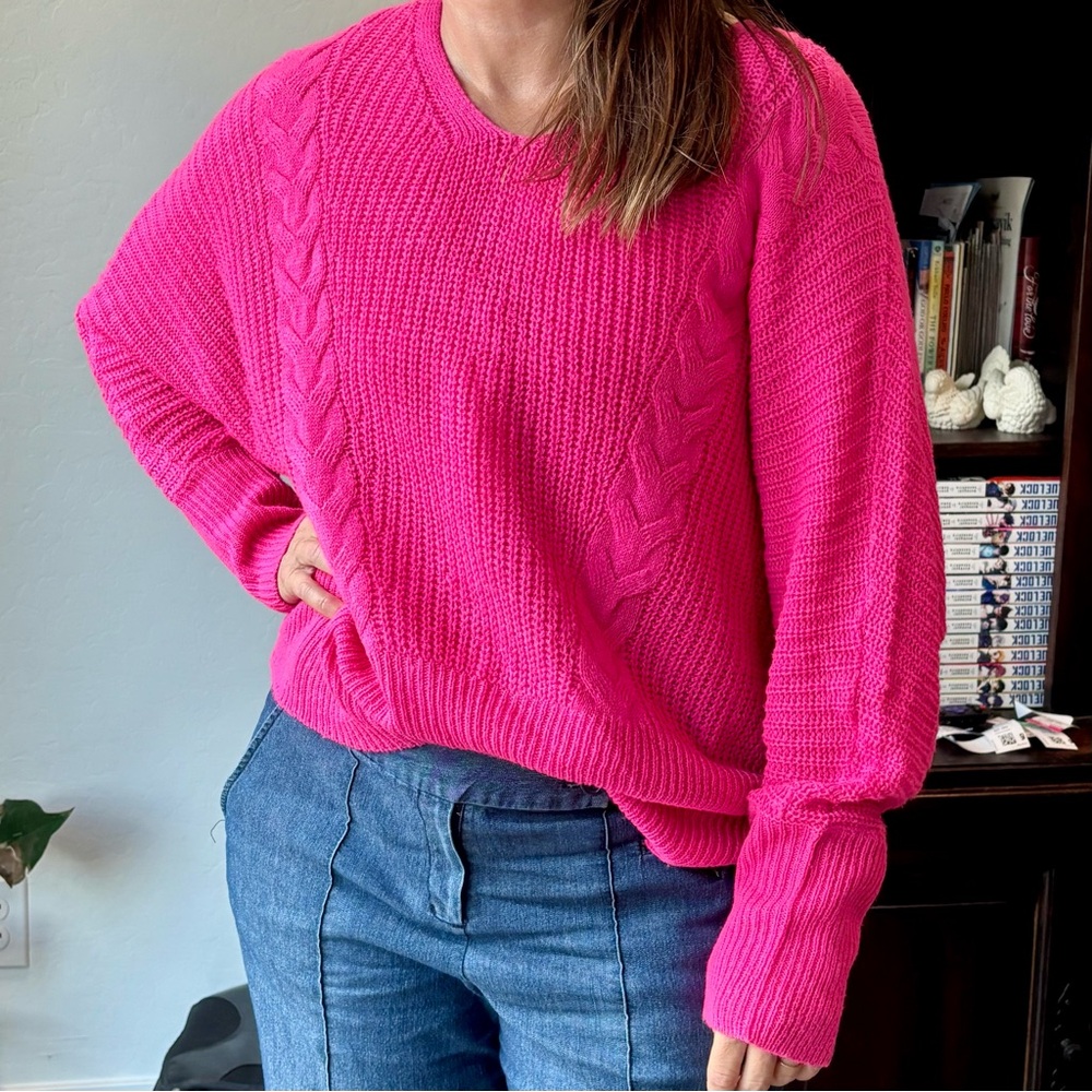 FREE FCT with Love Bright Pink Crop Cable Knit Sweater
